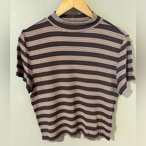 AE soft & sexy ribbed brown striped mock neck cropped tee